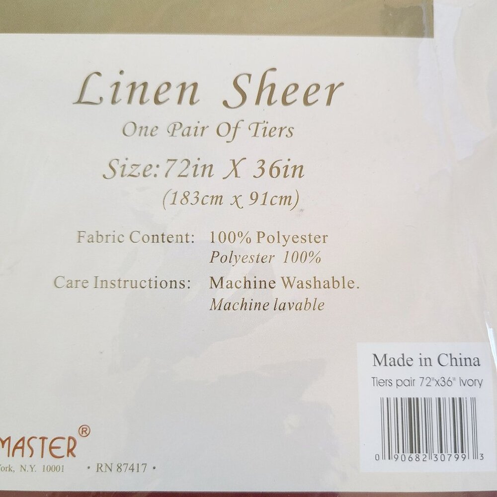 Linen Sheer Curtains Set: 72"x36" Panel Tiers 72"x14" Valance Polyester Ivory - Picture 4 of 6